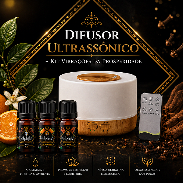 Kit Vibrações da Prosperidade + Difusor Ultrassônico Cromoterápico Delphiké - Madeira (500ml)