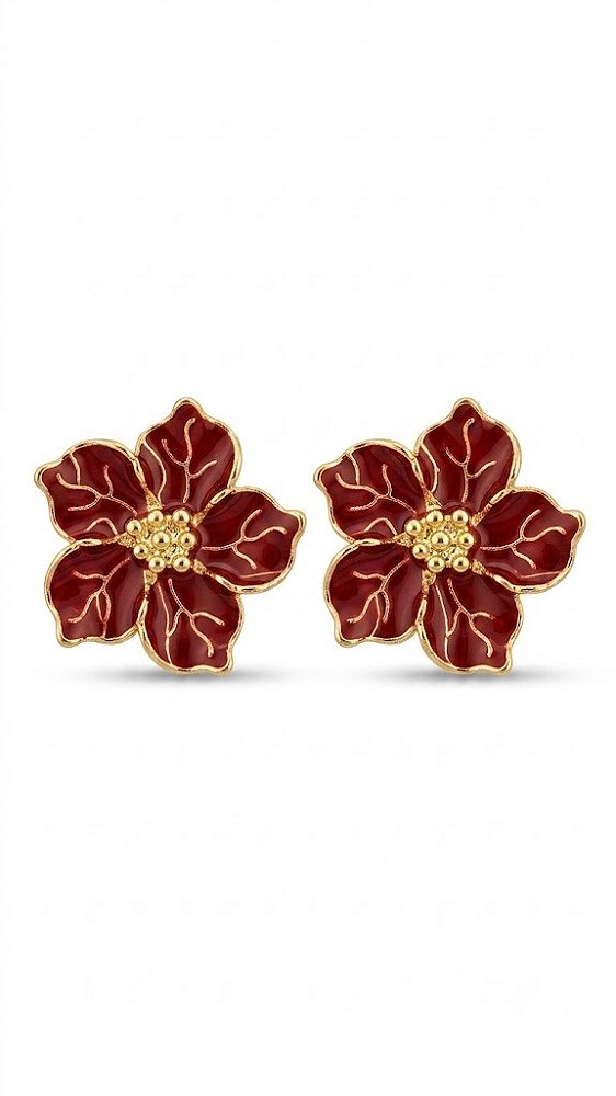 Brinco Flor Esmaltado e Resinado Vermelho – Banhado a Ouro 18k