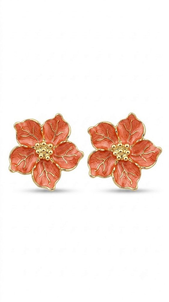 Brinco Flor Esmaltado e Resinado Salmão – Banhado a Ouro 18k