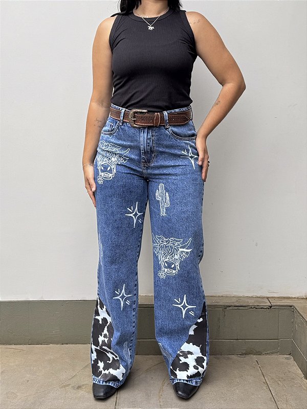 Calça Jeans Cow e Cactos