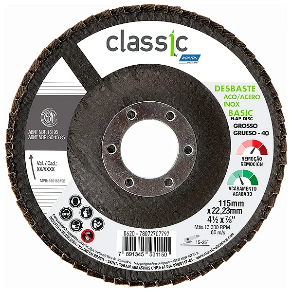 DISCO FLAP CLASSIC 115MMX22,23MM 4 1/2 X 7/8  NORTON- Selecione Quantidade e o Grão