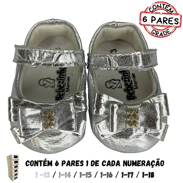 (GRADE 6 PÇ) Sapatilha (Prata Brilhante c/aplic. Laço e Strass)