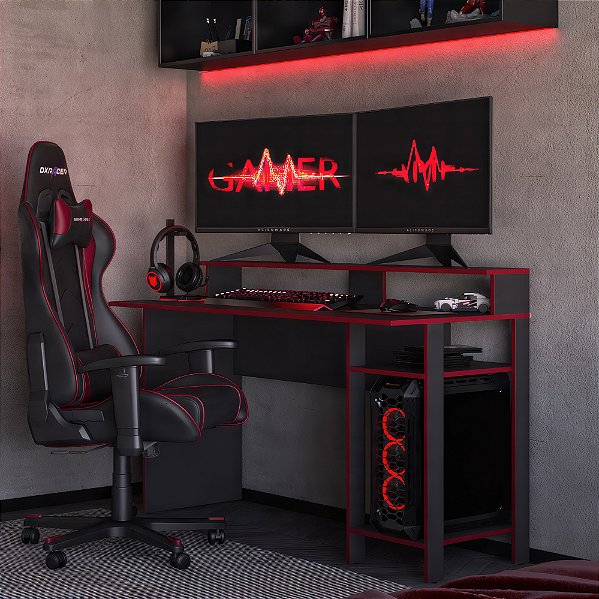 Mesa Gamer 136cm com Espaço para CPU e Monitores Preto e Vermelho
