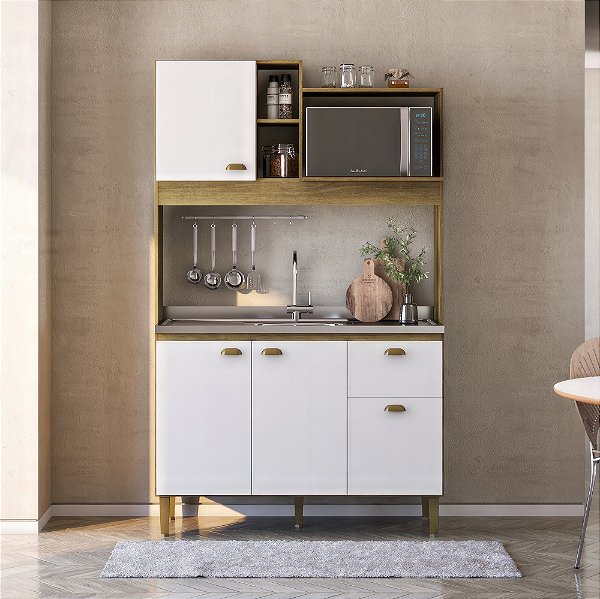 Cozinha Compacta Balcão e Armário Microondas 123cm 4 Portas