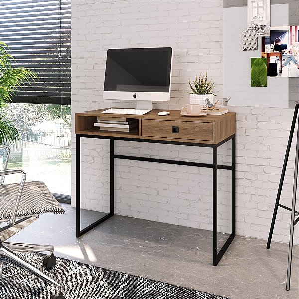 Mesa Escrivaninha Compacta 91cm Industrial com Nicho e Gaveta