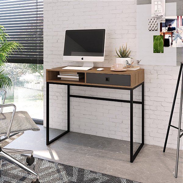 Mesa Escrivaninha Compacta 91cm Industrial com Nicho e Gaveta