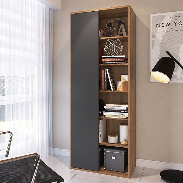 Estante Livreiro Grande 70cm com 5 Prateleiras e Porta Deslizante