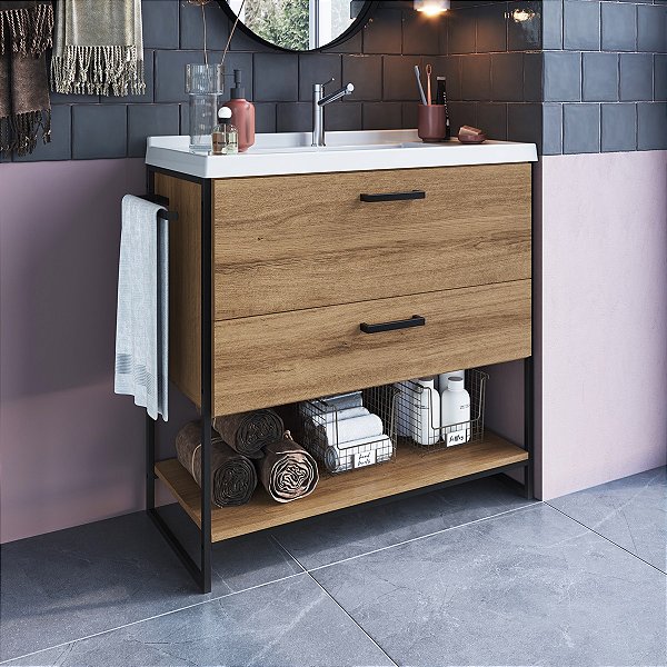 Gabinete para Banheiro Estilo Industrial 80cm com 2 Portas e Lavatório
