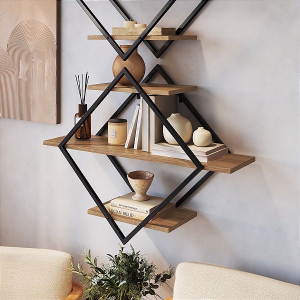 Prateleira Suspensa Decorativa Diamante Industrial 80cm Preto e Mel