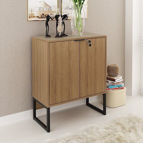 Balcão Escritório Home Office 60cm 2 Portas com Chave Amêndoa e Preto