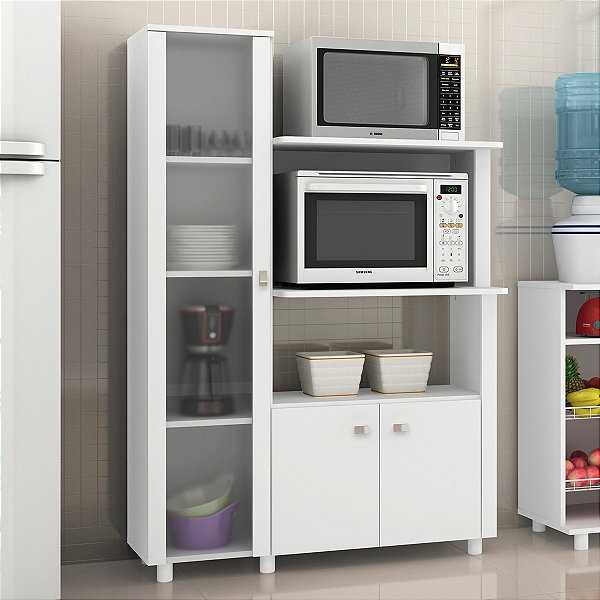 Armário Cozinha para Forno e Micro-Ondas com Cristaleira 3 Portas Branco