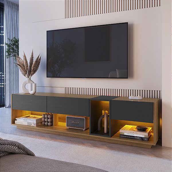 Rack para Tv até 65" Polegadas 180cm com 3 Gavetas e Iluminação Led RGB