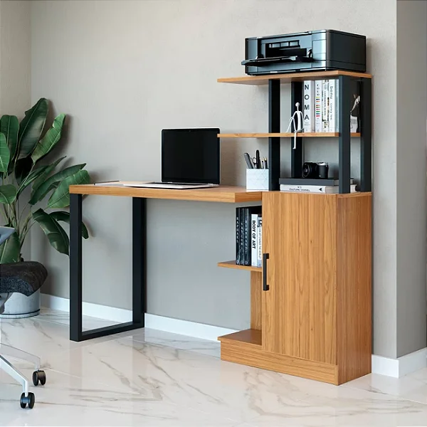 Mesa para Escritório Industrial com Torre 135cm 100% MDF Freijó/Preto