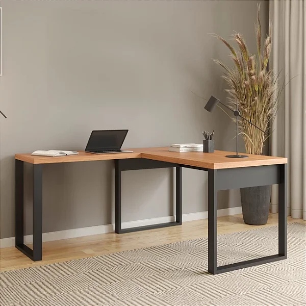 Mesa para Escritório em L Industrial 135cm em MDF Freijó e Preto