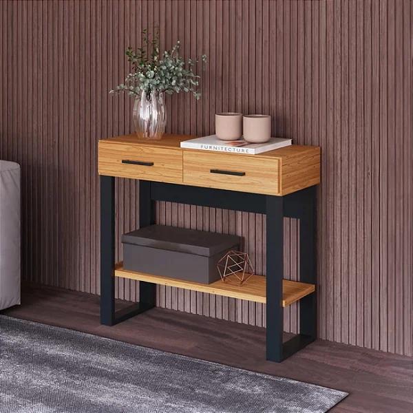 Aparador Estilo Industrial 90cm com 2 Gavetas em MDF Freijó e Preto Fosco