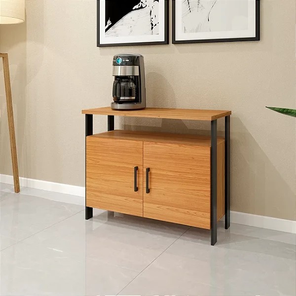 Balcão Aparador Industrial 90cm com 2 Portas em MDF Freijó e Preto Fosco