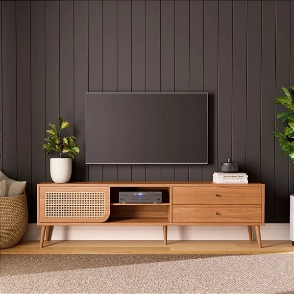 Rack para TV até 60" Polegadas 220cm com Porta em Palha Natural Freijó