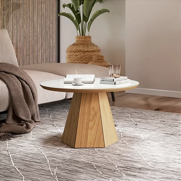 Mesa de Centro Base Hexagonal 70cm em MDF Off White e Freijó