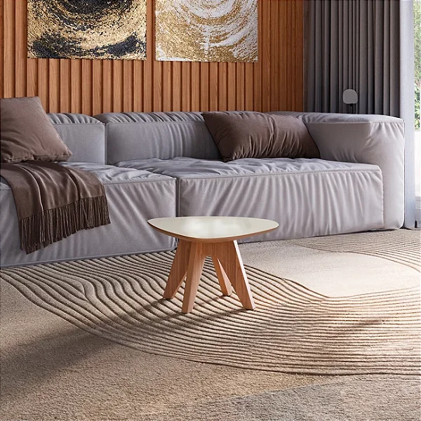 Mesa de Centro Minimalista 65cm em MDF Off White e Freijó