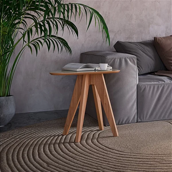 Mesa de Canto Minimalista 65cm em MDF Off White e Freijó