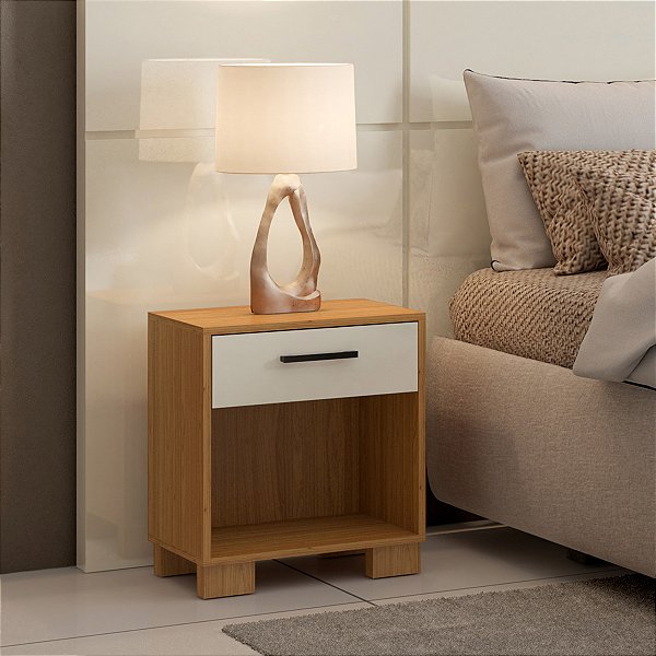 Mesa de Cabeceira 45cm em MDF com Gaveta e Nicho Freijó e Off White