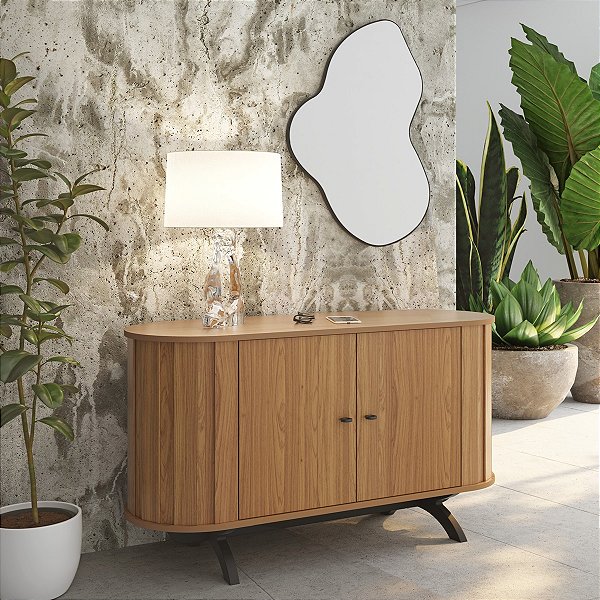 Aparador Buffet Curvo 130cm 2 Portas em MDF Freijó e Preto Fosco