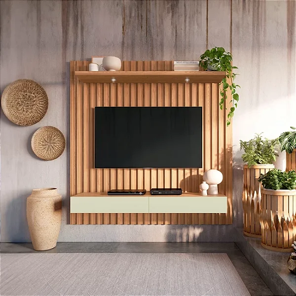 Painel Suspenso Ripado para TV até 75" Polegadas 183cm Freijó Off White