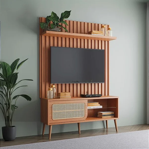 Rack com Painel para TV até 55" Polegadas Porta em Palha Natural com Led