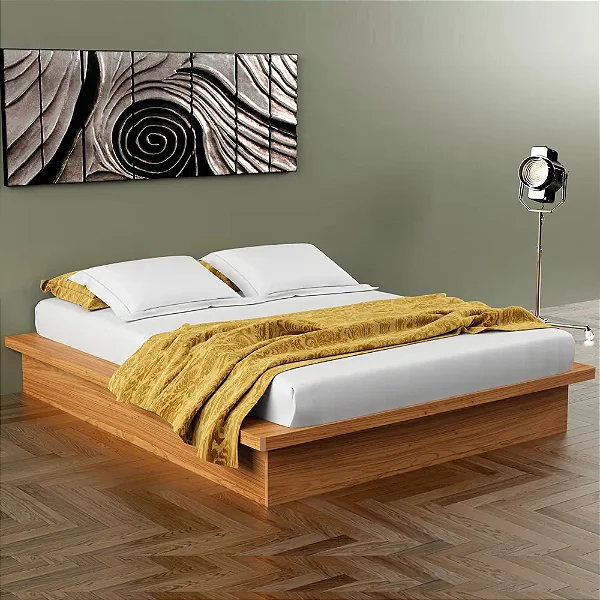 Base Cama de Casal King Estilo Japonesa 208cm em 100% MDF Freijó