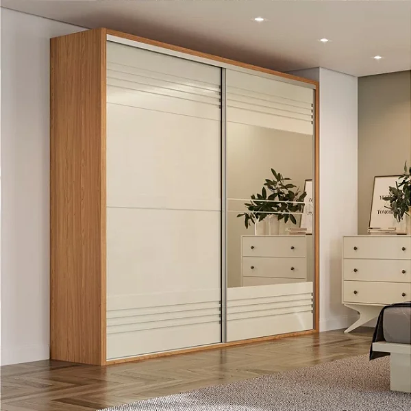 Guarda-Roupa com Espelho 223cm 2 Portas de Correr 2 Gavetas e Cabideiro MDF