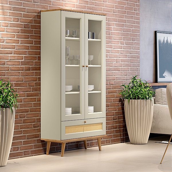 Cristaleira Retrô 83cm MDF Pés Madeira com Palha Natural Louro e Luna