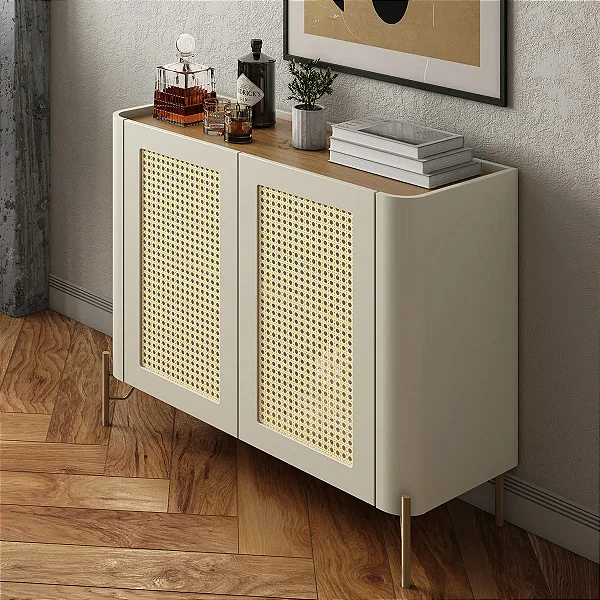 Aparador Buffet para Sala 99cm em MDF e Pés Metal com Palha Natural