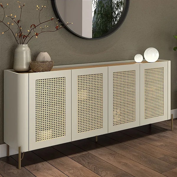 Aparador Buffet para Sala 180cm MDF e Pés em Metal com Palha Natural