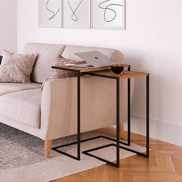 Conjunto 2 Mesas Laterais Estilo Industrial Vermont e Preto