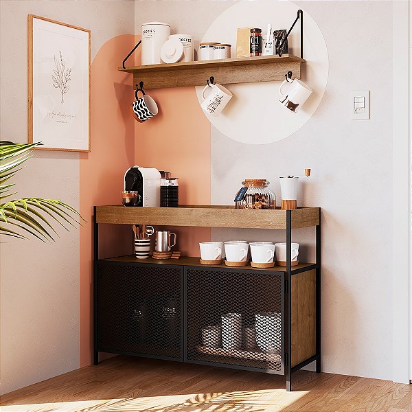 Conjunto Balcão Buffet e Prateleira Suspensa Industrial Vermont Preto