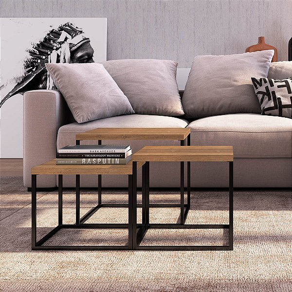 Conjunto 3 Mesas de Centro Quadradas Estilo Industrial Base em Metal