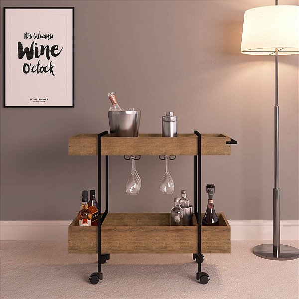 Carrinho Bar Estilo Industrial Minimalista 94cm com Porta Taças