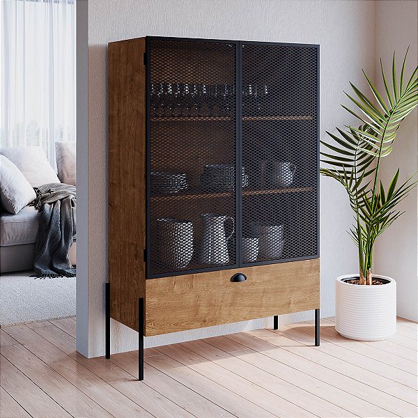 Cristaleira Estilo Industrial 93cm com 2 Portas e Gaveta Pés em Metal