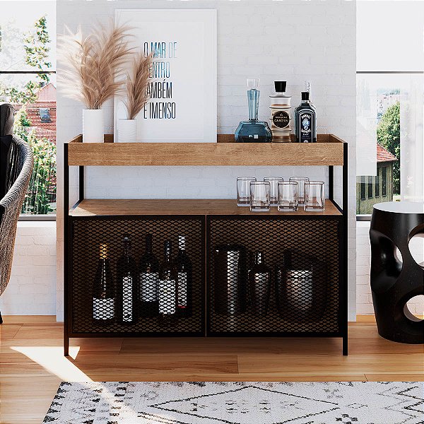Balcão Buffet Bar Estilo Industrial 100cm 2 Portas Estrutura em Metal