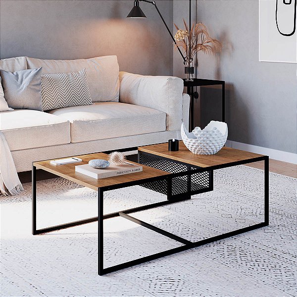 Mesa de Centro Estilo Industrial 100cm Estrutura em Metal