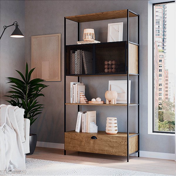 Estante Grande Estilo Industrial 90cm 2 Portas com Gaveta Pés Metal