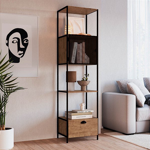 Estante Simples Estilo Industrial com Porta e Gaveta Estrutura Metal