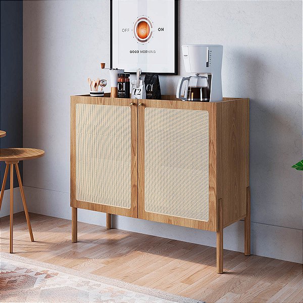 Balcão Buffet Estilo Retrô 93cm 2 Portas Palhinha Pés em Madeira