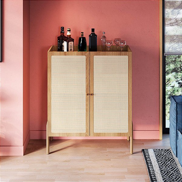 Balcão Buffet Estilo Retrô 93cm 2 Portas Palhinha Pés de Madeira