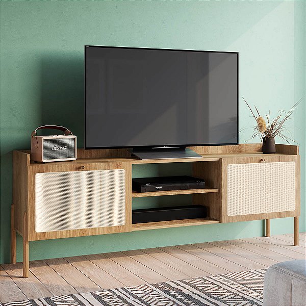 Rack para TV até 65" Polegadas 183cm 2 Portas Palhinha Pés em Madeira