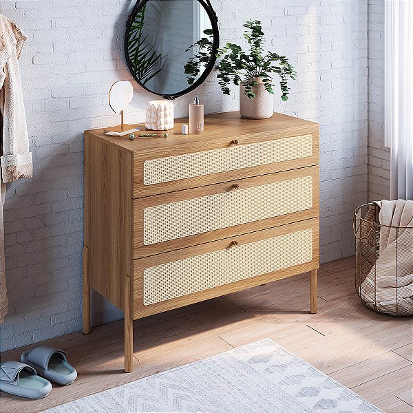 Cômoda Estilo Retrô 93cm com 3 Gavetas Palhinha Pés de Madeira