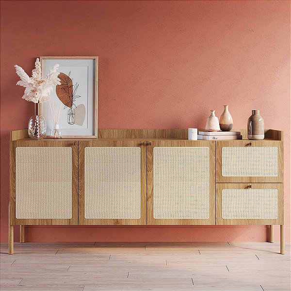 Balcão Buffet Estilo Retrô 180cm 3 Portas Palhinha Pés de Madeira