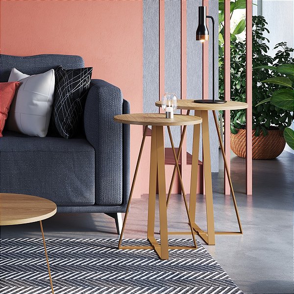 Conjunto 2 Mesas Laterais Estilo Industrial com Base em Metal