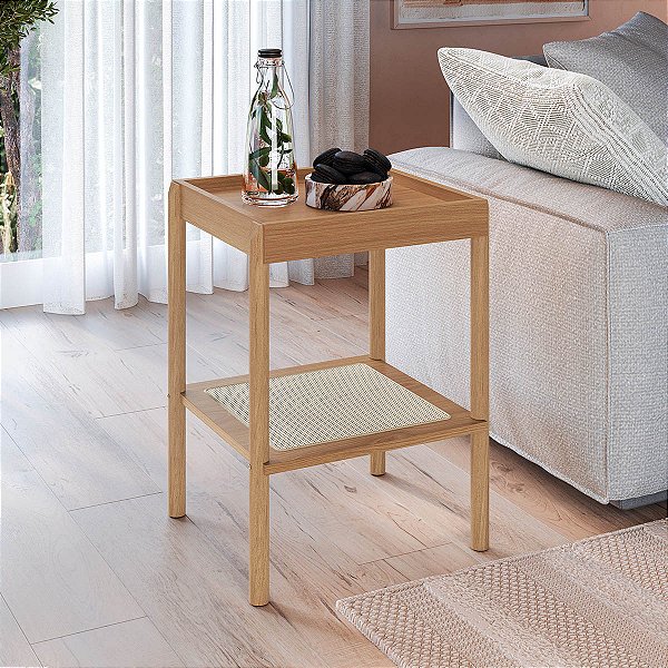 Mesa Lateral Quadrada 43cm Palhinha Pé Madeira