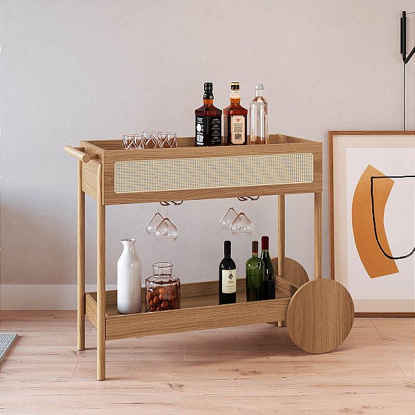 Carrinho Bar 112cm com Porta Taças Palhinha e Pés em Madeira